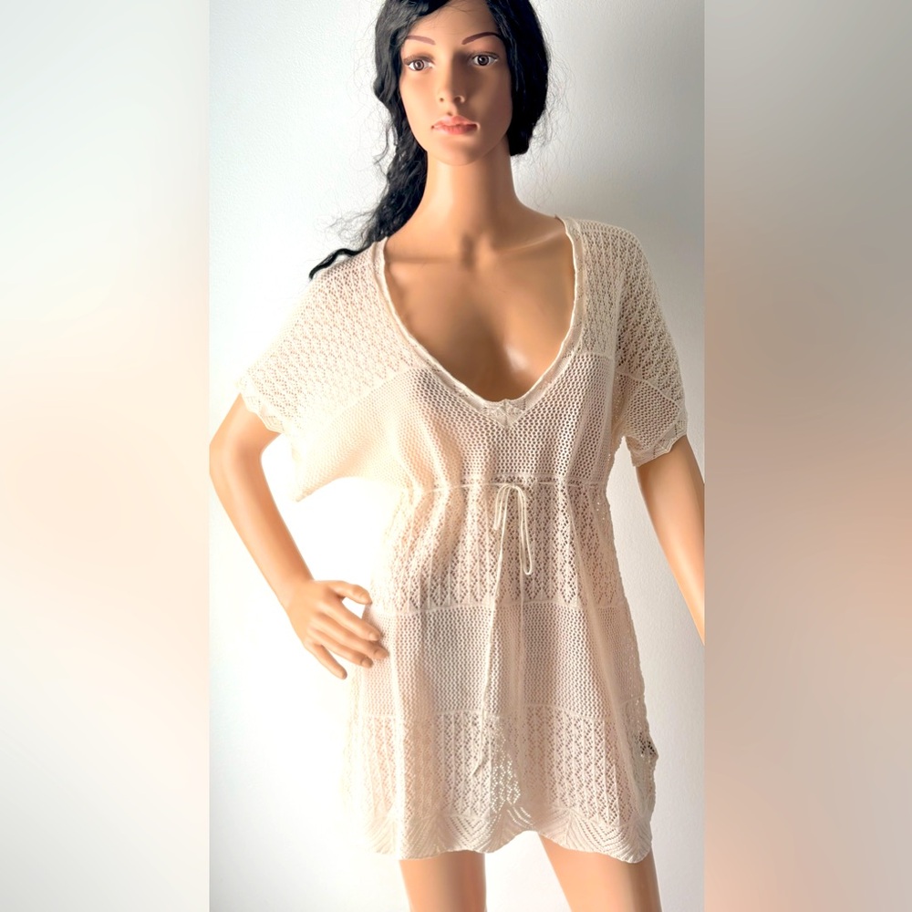 NWT CALVIN KLEIN linen & cotton cream beach cover up tunic SWIM summer dress M